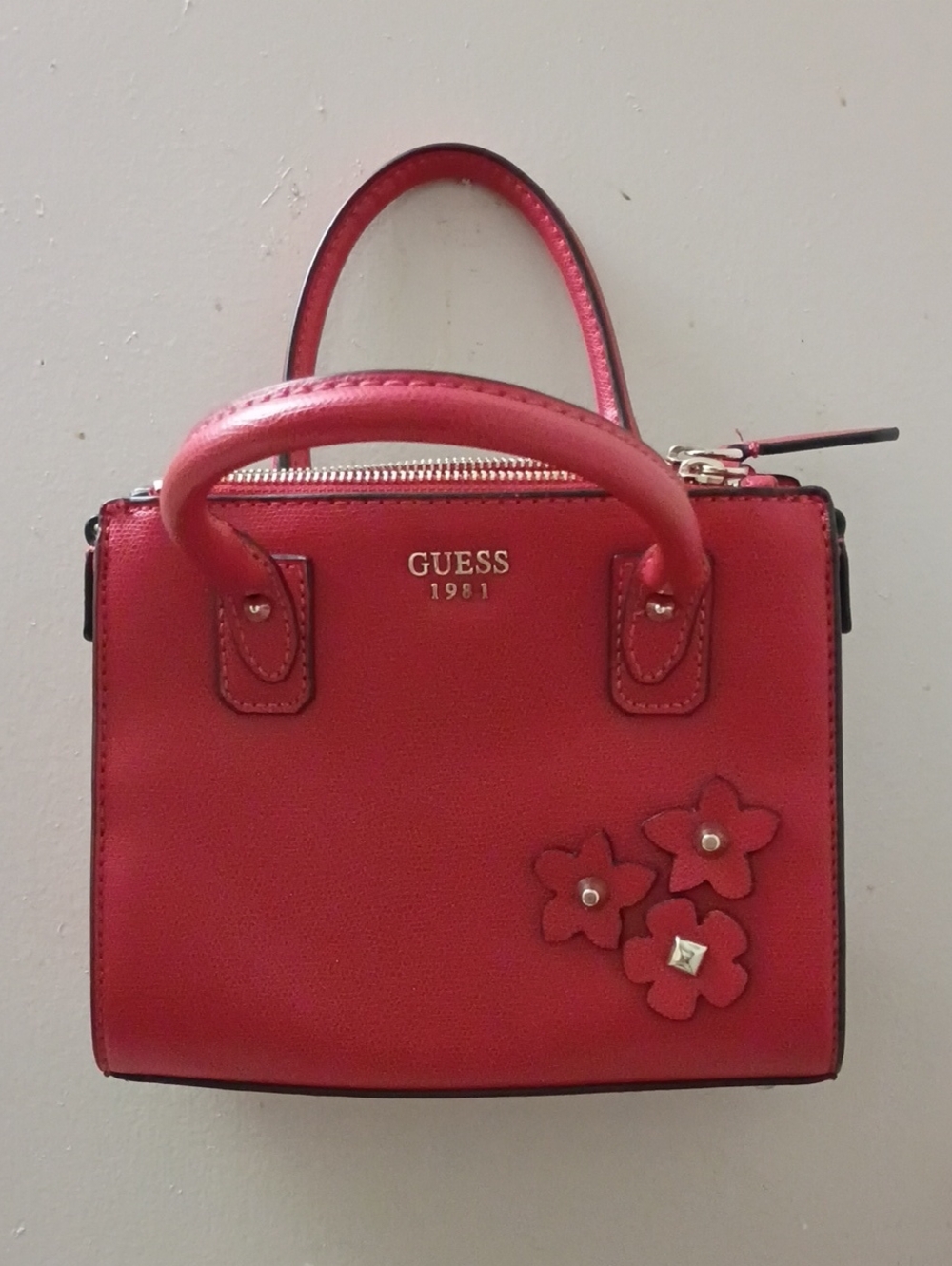 GUESS Red Mini Top-Handle Bag with Floral Accents